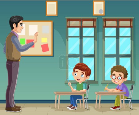 Vector illustration of Cartoon students studying with teacher in classroom
