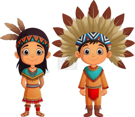 Foto de Ilustración vectorial de pareja de dibujos animados indio americano nativo con traje tradicional - Imagen libre de derechos