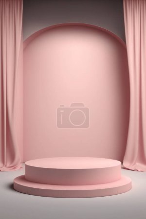 Leeres rosafarbenes Podium mit Vorhängen zur Produktpräsentation