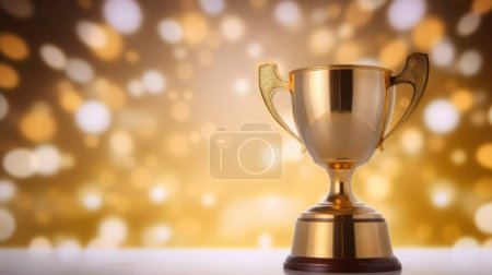 Foto de Trofeo de oro en la mesa y fondo borroso bokeh - Imagen libre de derechos