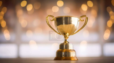 Photo for Gold trophy on table and blurry bokeh background - Royalty Free Image