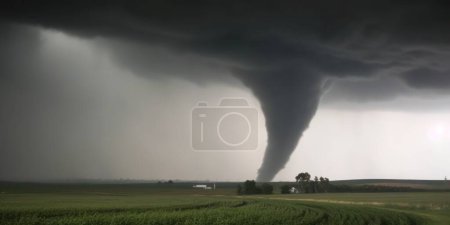 Foto de Super Ciclón o Tornado formando destrucción sobre un paisaje verde poblado - Imagen libre de derechos