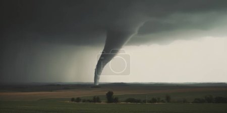 Super Ciclón o Tornado formando destrucción sobre un paisaje verde poblado