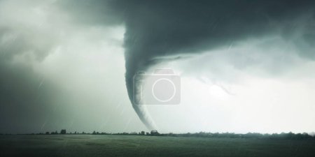 Super Cyclone or Tornado forming destruction over a green populated landscape