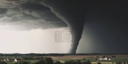 Foto de Super Ciclón o Tornado formando destrucción sobre un paisaje verde poblado - Imagen libre de derechos