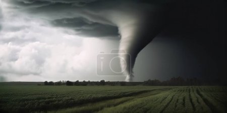 Super-Zyklon oder Tornado zerstören eine grün besiedelte Landschaft