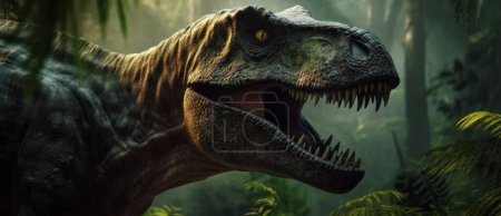 Tyranozaur lub T-Rex spoglądający z rozbłysku dżungli kinematograficznym światłem