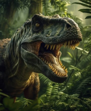 Téléchargez les photos : Tyrannosaure ou T-Rex regardant hors de la jungle éclaté de lumière cinématographique - en image libre de droit