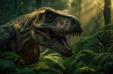 Photo for Tyrannosaurus or T-Rex staring out from the jungle burst with cinemeatic light - Royalty Free Image