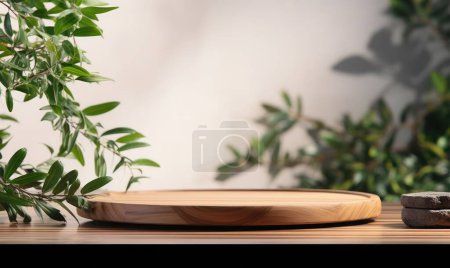 Photo for Wooden round tray podium with blurry leaves shadow on green background. Product display background concept - Royalty Free Image