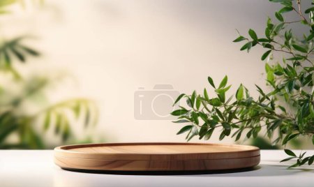 Photo for Wooden round tray podium with blurry leaves shadow on green background. Product display background concept - Royalty Free Image