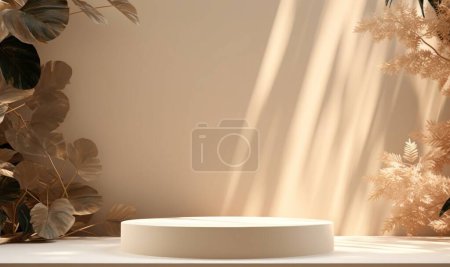 Photo for Modern and luxury empty beige round podium with curtain and leaves in beige room with shadow light background. Elegant scene for product photography - Royalty Free Image