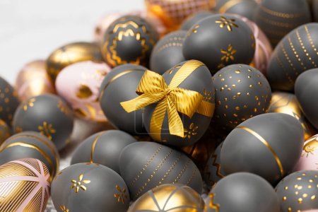 Photo for Glamour Easter eggs with golden decorative patterns and ribbon. Beautiful coloured eggs while the spring celebration. Elegant dark grey eggs with shiny, gold, glittering decoration. Happy Easter. - Royalty Free Image