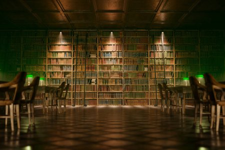 Photo for Beautiful, vintage, wooden library interior surrounded by towering shelves filled with countless books.  Iconic green ceramic lamps on old desks. Knowledge-filled monument. - Royalty Free Image