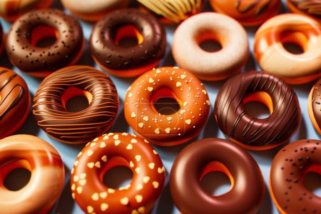 Photo for Assorted donuts. Set of many sweet buns with chocolate frosting, Tofee glazing, sprinkles or powdered sugar. Cocoa various decorated doughnuts. - Royalty Free Image