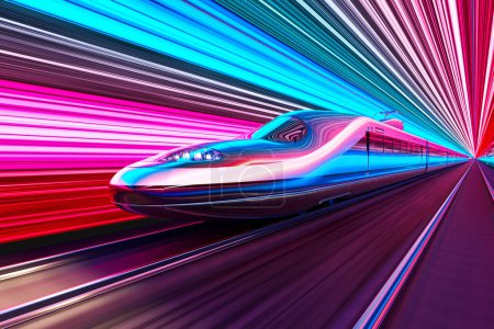 Téléchargez les photos : Le train à grande vitesse brille à travers l'arrière-plan futuriste néon-éclairé, son design élégant et ses courbes aérodynamiques reflétant les teintes lumineuses des néons. Futuriste train de balles de science-fiction. 4k HD - en image libre de droit