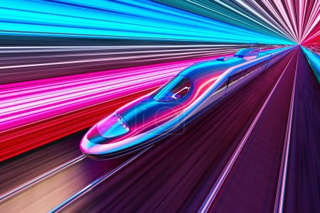 Téléchargez les photos : Le train à grande vitesse brille à travers l'arrière-plan futuriste néon-éclairé, son design élégant et ses courbes aérodynamiques reflétant les teintes lumineuses des néons. Train à balles futuriste de science-fiction. - en image libre de droit