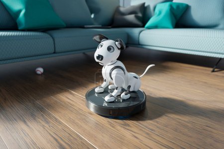 Téléchargez les photos : Happy interactive Robot Dog est assis sur un aspirateur automatique de travail. Jouet chiot mignon et drôle pour les enfants. Technologie futuriste des jouets ou des animaux domestiques. Compagnon intelligent avec fonction d'entraînement pour jouer avec. - en image libre de droit