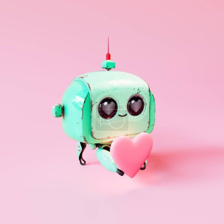 Téléchargez les photos : Petit robot mignon sautant gaiement. Une adorable machine en métal bleu sur fond rose avec des cœurs sur les écrans oculaires. Des coeurs minuscules le suivent. Amour, Saint Valentin. 4K HD - en image libre de droit