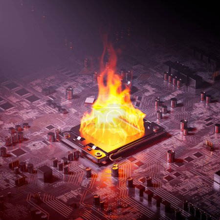 Photo for Overheating CPU catching fire. Fire burning on a motherboard processor unit. High temperature can cause computer burst into flames. Dark reflective motherboard lit by the flames. 4K HD rendering. - Royalty Free Image