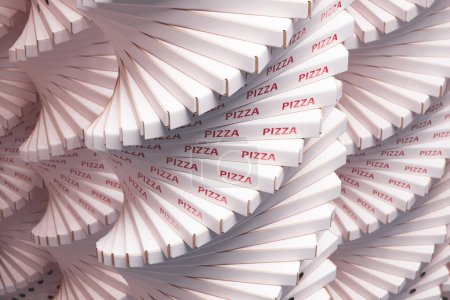 Photo for A massive stack of paper cartons used for fast food takeout, specifically for pizza delivery. The white cardboard boxes without various messages and logos on them. Generic boxes. - Royalty Free Image