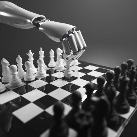Téléchargez les photos : Bras robotique brillant jouant aux échecs sur un échiquier. Cette technologie de pointe utilise des algorithmes compliqués pour résoudre des problèmes pour l'humanité. rendu 3D conceptuel de l'intelligence artificielle. - en image libre de droit