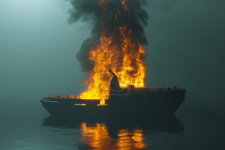 A tugboat catches fire on a calm sea on a foggy night, with flames and smoke billowing upwards. This 3D rendering captures the dramatic moment of a maritime catastrophe off the coast.
