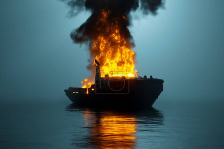 A tugboat catches fire on a calm sea on a foggy night, with flames and smoke billowing upwards. This 3D rendering captures the dramatic moment of a maritime catastrophe off the coast.