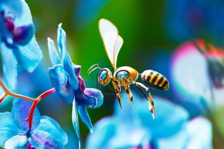 Photo for A 3D rendering of an artificial bee robot replacing real bees in the process of gathering precious pollen from a colourful blue orchid flower up close. - Royalty Free Image