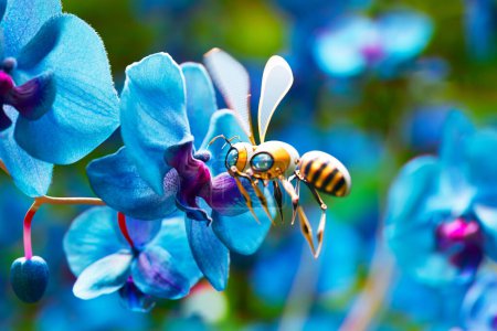 Foto de Una representación 3D de un robot de abejas artificial reemplazando a las abejas reales en el proceso de recolección de polen precioso de una colorida flor de orquídea azul de cerca. - Imagen libre de derechos