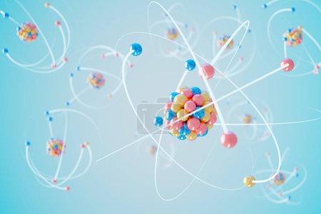 Representación en 3D de un átomo con electrones brillantes orbitando alrededor del núcleo. El modelo de átomo emite una luz brillante y brillante. El fondo azul da un toque futurista y moderno."