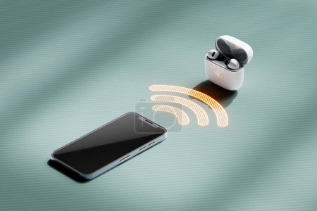 3D rendered image of a smartphone wirelessly connecting to a pair of headphones. The sleek and modern device is seen communicating with the headphones through advanced wireless technology.