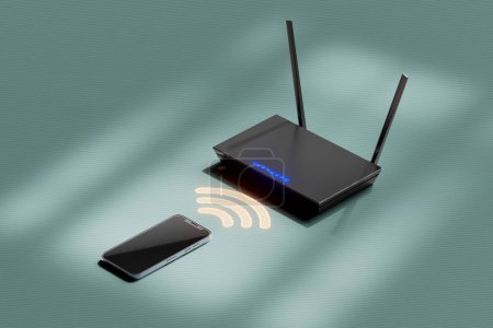 Photo for 3D rendering features a generic smartphone communicating wirelessly with a router. The image is perfect for illustrating technology, connectivity, and communication. - Royalty Free Image