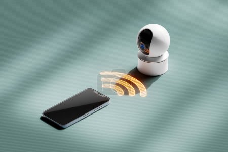 Téléchargez les photos : Le rendu 3D montre un smartphone sans fil communiquant avec une caméra de sécurité domestique, fournissant une solution moderne à des fins de surveillance à domicile. Technologie innovante. - en image libre de droit