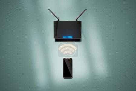 Photo for 3D rendering features a generic smartphone communicating wirelessly with a router. The image is perfect for illustrating technology, connectivity, and communication. - Royalty Free Image