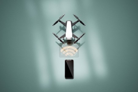 Photo for 3D rendering of a wireless connection between a smartphone and a quadrocopter or drone. The image features a generic smartphone and a quadrocopter in a futuristic setting. - Royalty Free Image