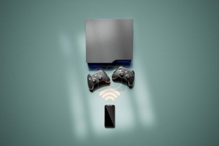 A 3D rendering of a smartphone wirelessly communicating with two gamepads. Perfect for illustrating mobile gaming concepts and the use of wireless connectivity.