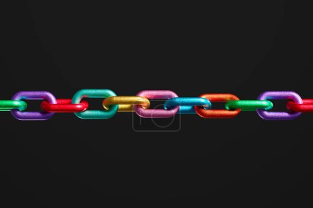 Photo for A strong and vibrant metal chain of various colors, representing the values of cooperation, togetherness, diversity, variation, and teamwork. This colorful chain is a symbol of strength and unity. - Royalty Free Image