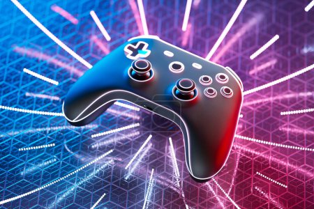 Photo for 3D rendering of a colourful video game controller with glowing neon bright lights. The controller is perfect for playing video games on both console and PC - Royalty Free Image