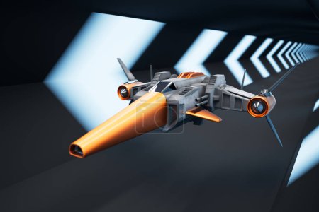 Photo for Futuristic spaceship flying through the long, bright tunnel. Science-fiction concept of advanced air vehicle with abstract design, powerful engines, and laser turrets. War flying machine Render CGI 4K - Royalty Free Image