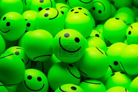 Foto de Representación en 3D de una gran pila de pequeñas bolas verdes de neón. Cada bola tiene una cara sonriente pintada en ella, creando una escena alegre y lúdica. - Imagen libre de derechos