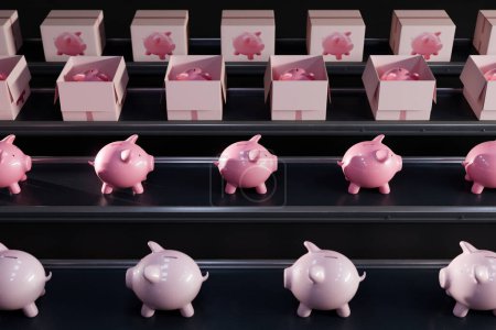 Photo for A production line filled with adorable pink piggy banks on a constantly moving conveyor belt in a factory for kids' toys. The background is packed with more piggy banks waiting to be shipped out. - Royalty Free Image