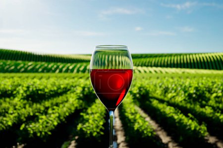 Photo for Rural scene with a chill glass of red wine in the vineyard. Focus on the glass. Sweet red wine. Grapes on the green vines lighted with warm sunlight waiting for winemaking celebration. Render CGI - Royalty Free Image