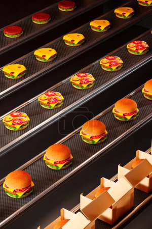 Téléchargez les photos : Ligne de production remplie d'ingrédients pour hamburgers. Différentes étapes de l'assemblage d'un sandwich sur un tapis roulant. Usine de la nourriture. Des hamburgers en arrière-plan. Rendu 3d - en image libre de droit