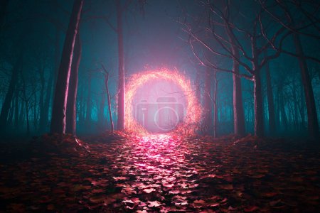 Eine abstrakte Szene mit einem leuchtend orangen Portal inmitten der Bäume. Dieses magische Tor öffnet sich zu einem virtuellen Korridor, der in eine andere Dimension führt. Perfekt für Science-Fiction und Fantasy-Designs.