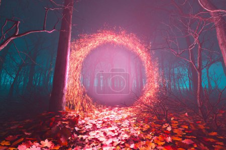 Eine abstrakte Szene mit einem leuchtend orangen Portal inmitten der Bäume. Dieses magische Tor öffnet sich zu einem virtuellen Korridor, der in eine andere Dimension führt. Perfekt für Science-Fiction und Fantasy-Designs.