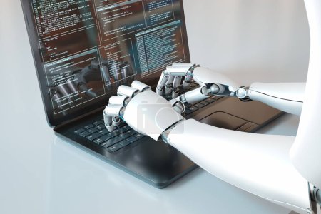 Photo for Futuristic concept of humanoid robot writing on the laptop keyboard. Close up on the computer monitor with lines of code. Modern metallic cyborg arm. Artificial intelligence in business finance. - Royalty Free Image
