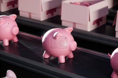 Photo for A production line filled with adorable pink piggy banks on a constantly moving conveyor belt in a factory for kids' toys. The background is packed with more piggy banks waiting to be shipped out. - Royalty Free Image