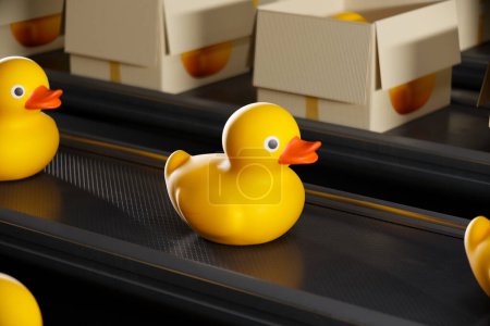 Photo for A production line filled with yellow rubber ducks on a conveyor belt in a factory of kids toys. Packed ducks can be seen in the background. - Royalty Free Image