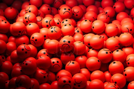 A large pile of red balls with sad or angry expressions. Pile of colorful balls with sad or angry faces, conveying emotions such as depression, sadness, anger, stress, and hopelessness.